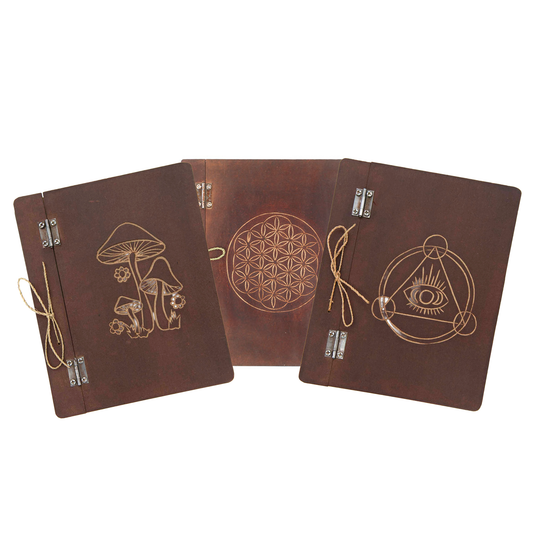 Woodbound Spellbook Journal – 48 Pages (Mushroom / Flower of Life / Eye of Providence)